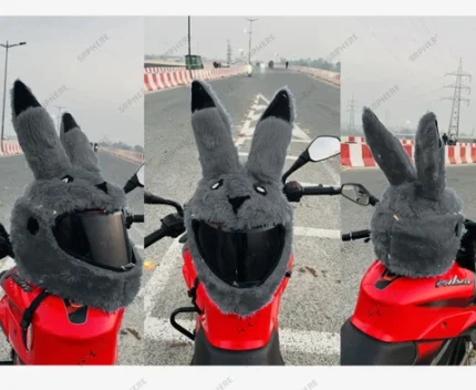 Grey Bunny Helmet Cover – Cute Plush Helmet Accessory for Skiing, Snowboarding & Cycling